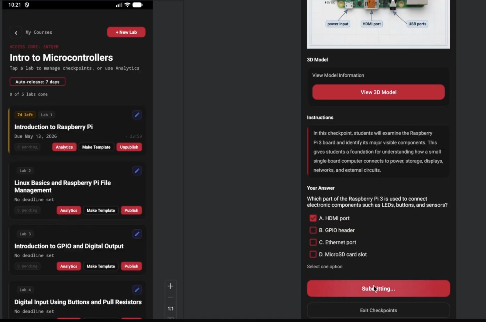 LabFlow app: Intro to Microcontrollers course dashboard and a Raspberry Pi checkpoint question