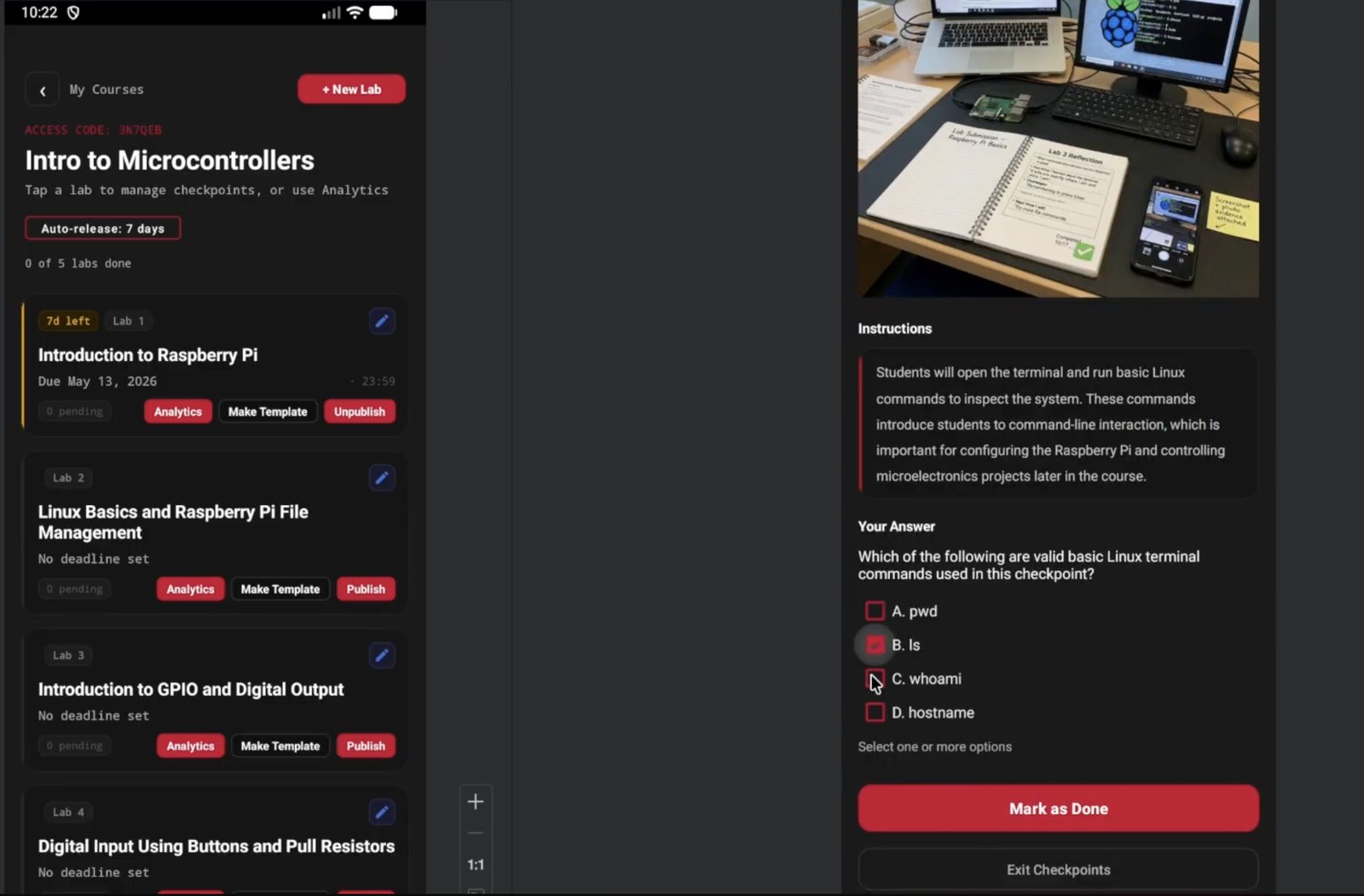 LabFlow app: lab list and a Linux basics checkpoint with multi-select answers